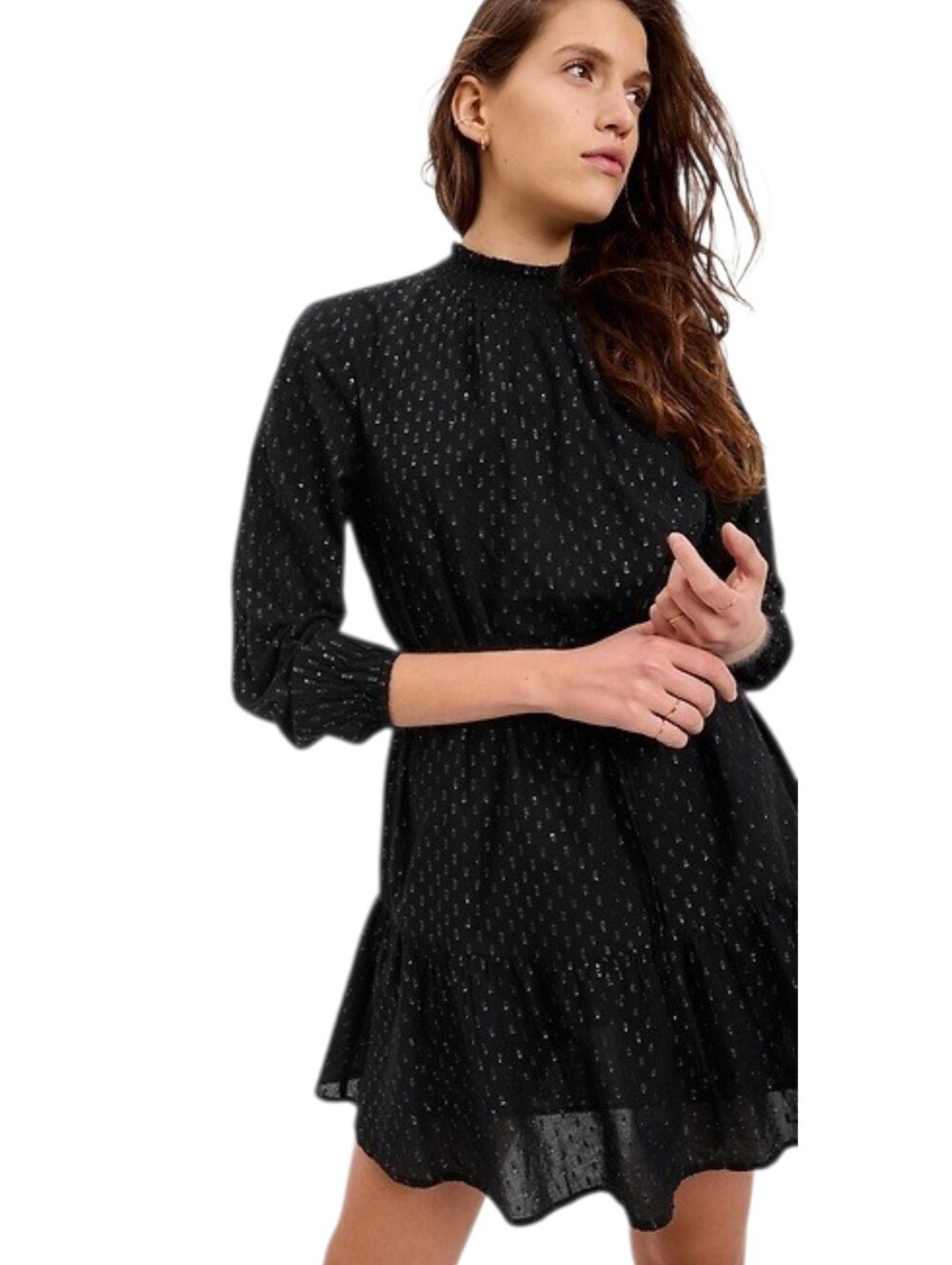 Gap Black Metallic Swiss Dot Mock Neck Ruffle Hem Lined Dress Large NWOT